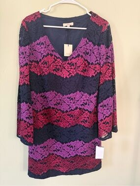 Trina Turk Navy Lace Tunic with Pink & Purple Stripes
